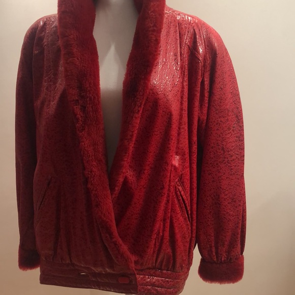 RED LEATHER Jacket lined with Red Rabbit Fur and Red Shearling Color - Picture 6 of 14